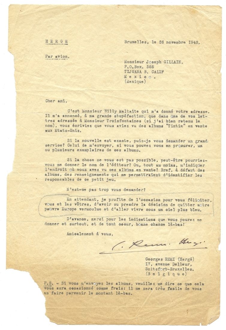 Hergé : Lettre tapuscrite adressée à Joseph Gillain (Jijé) en date du 26 novembr&hellip;