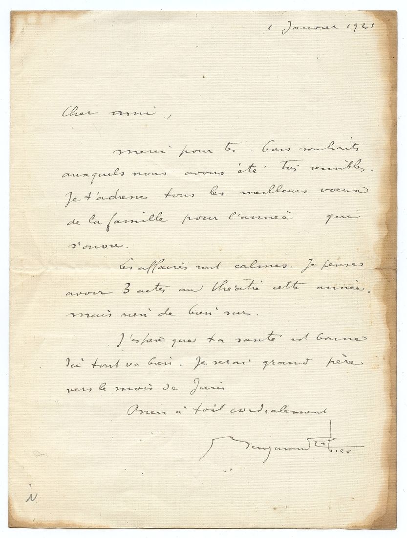 Rabier (Benjamin) : Rare lettre manuscrite de 13 lignes adressée le premier janv&hellip;