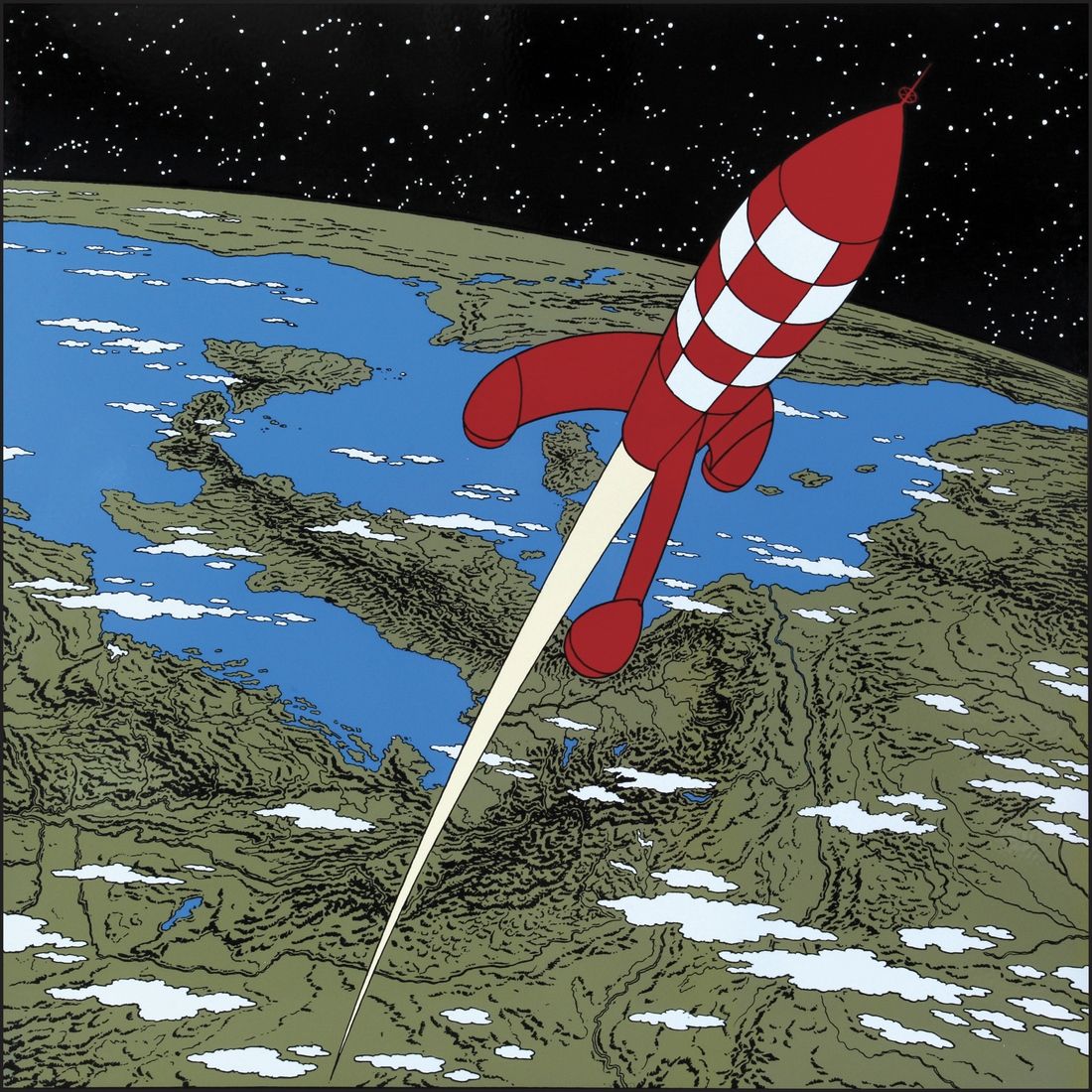 Hergé : Tintin, plaque émaillée "Série lune" : La fusée quittant la terre, l'Ema&hellip;