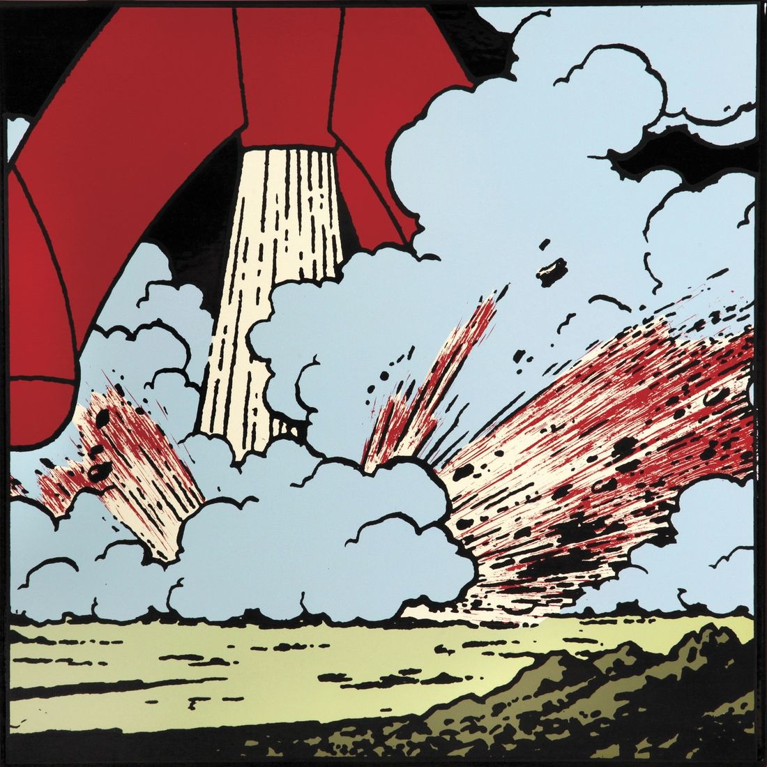 Hergé : Tintin, plaque émaillée "Série lune" : La fusée alunissant - gros plan d&hellip;