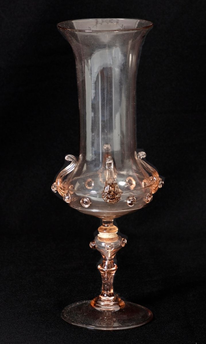 Null Glass vase with a long neck on a pedestal and cabochons 
Italian work, Mura&hellip;