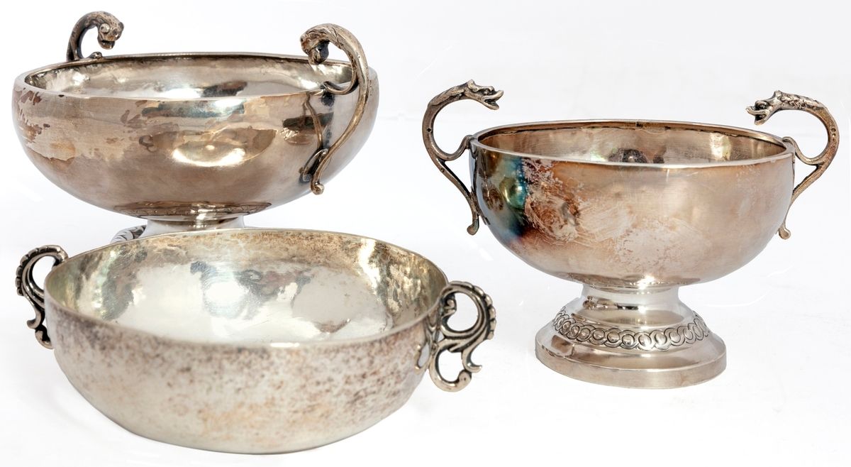 Null Set of three silver cups with handles. Two decorated with dragons, one with&hellip;
