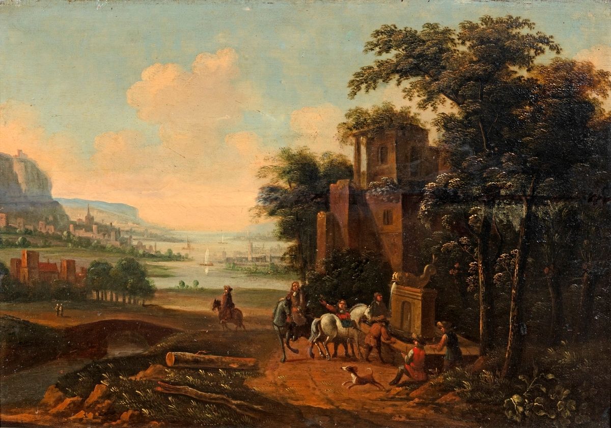 Null Scuola fiamminga del XVIII secolo
Paesaggio con figure presso una fontana
O&hellip;
