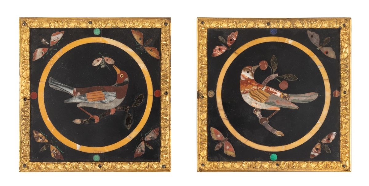 Null Paire de carreaux en marqueterie de marbre dit "pietra dura" à décor d’oise&hellip;