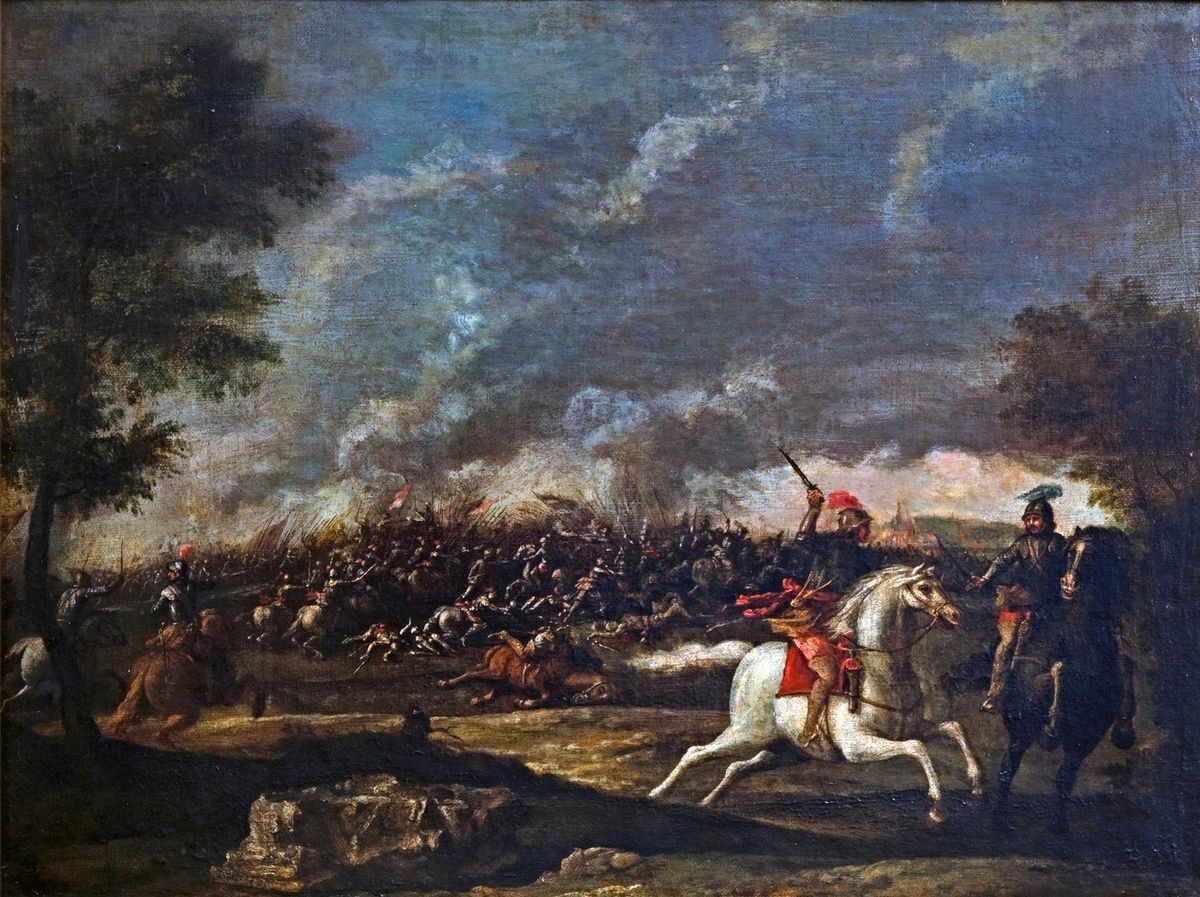 Null 17-18世纪的荷兰学校
战斗场景 
带衬里的油画
左下角加了Monogram
48.5 x 65 cm
 （事故，修复）