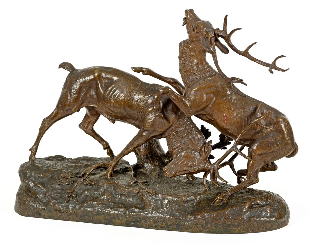Null Clovis-Edmond MASSON (1838-1913)
Combat de cerfs
有棕色铜锈的青铜器
署名 "C.Masson"
印有&hellip;