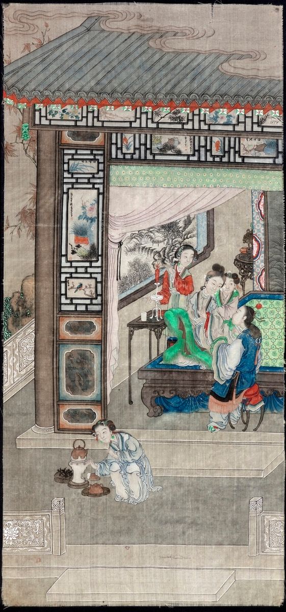 Null 中国，19世纪
描绘宫廷女官喝茶的丝绸画
54 x 25.5 cm
(小撕裂)