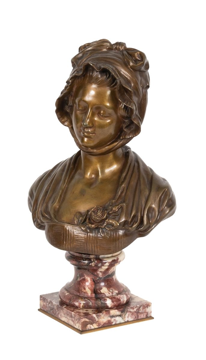 Null 以Jean-Baptiste GREUZE (1725-1805)为题
带帽子和玫瑰的优雅女子 
带有金色铜锈的青铜器
签名 "JB Greuze "&hellip;