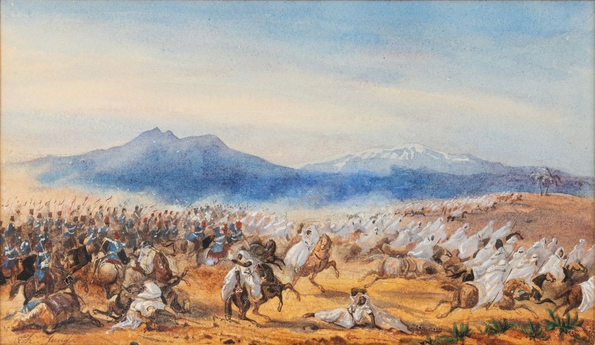 Null Théodore JUNG (1803-1865)
北非的战斗场景
纸上水彩画
左下方签名："Th. Jung"
14 x 24 cm