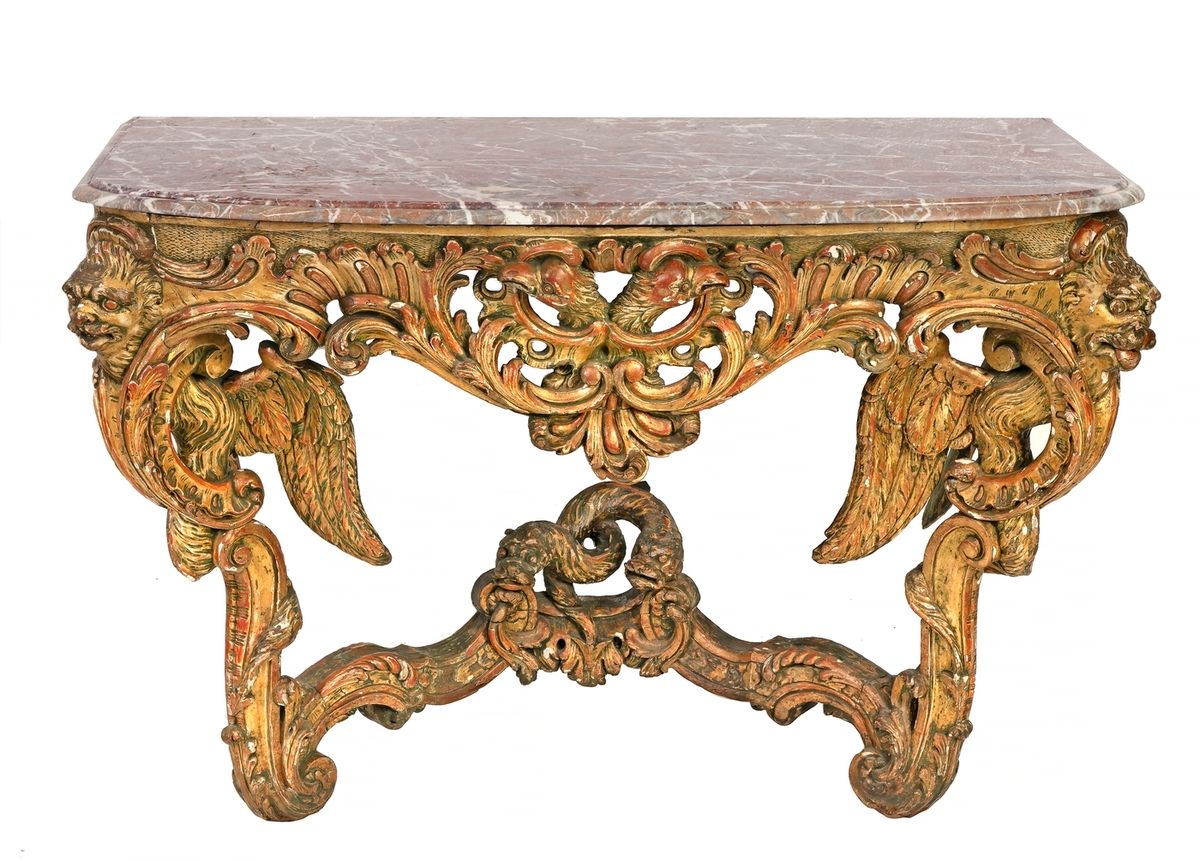 Null Important carved and patinated oak console decorated with a double-headed e&hellip;