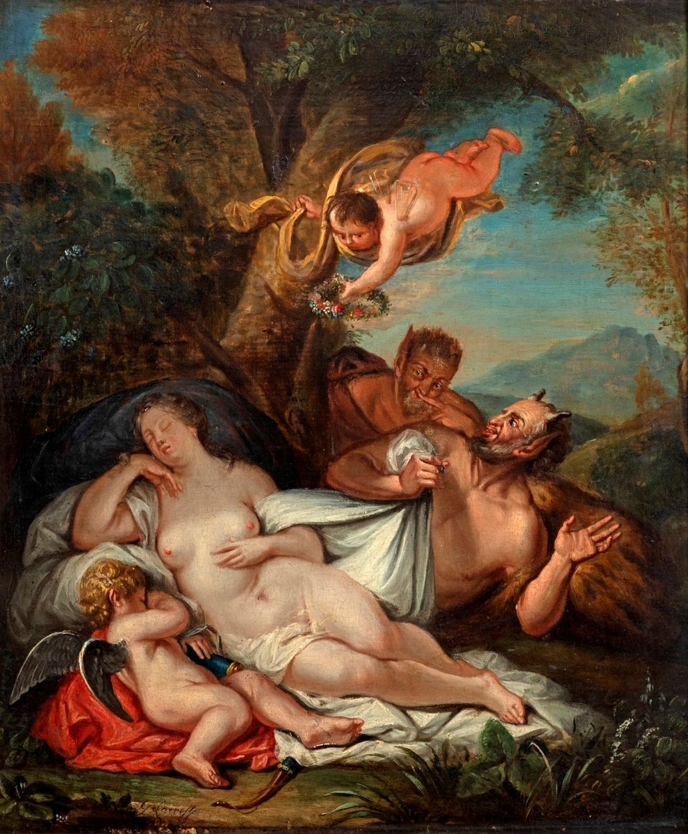 Null 18世纪佛兰德学校
维纳斯和丘比特与萨提尔一起睡觉 
面板油画
左下方有签名 "G.Lairesse"
34 x 30 cm
 （事故）。