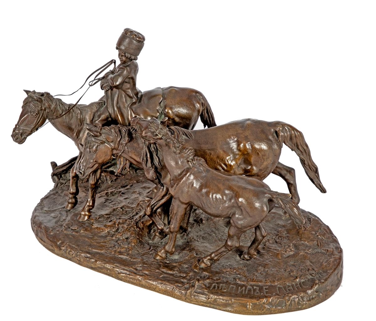 Null Evgeni Alexandrovich LANCERAY (1848-1886)
年轻的哥萨克和他的三匹马
有深色铜锈的青铜器
有西里尔语签名
铸造&hellip;