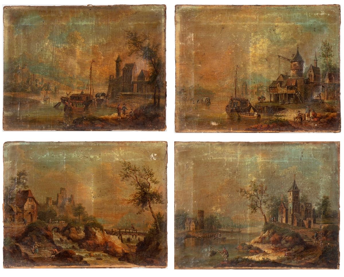 Null 18世纪荷兰学校
海边有瀑布的四幅动画建筑小品 
布面油画
每幅23,5 x 30,5厘米
 （意外）