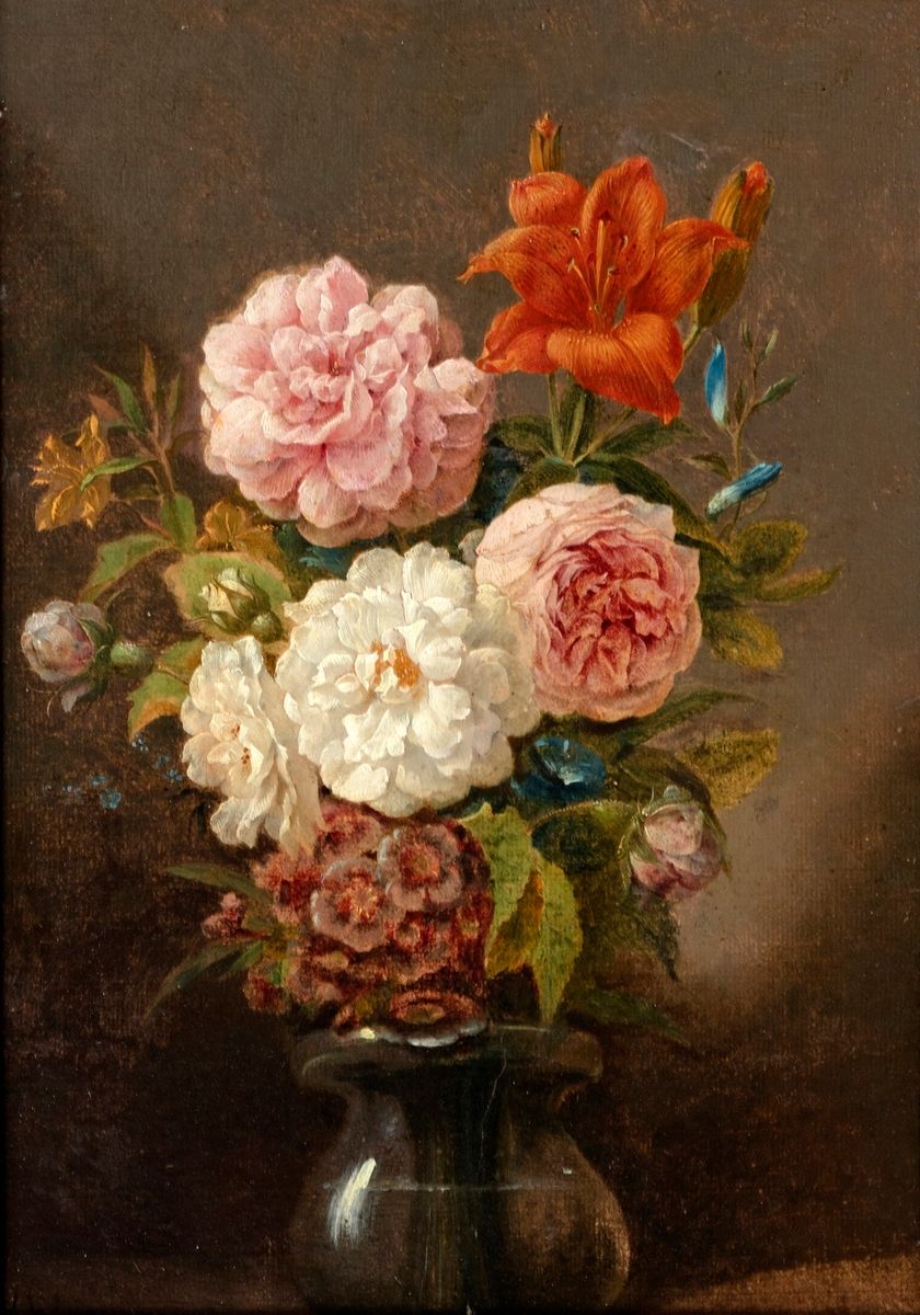 Null École hollandaise du début du XIXe siècle 
Vase de fleurs 
Huile sur papier&hellip;