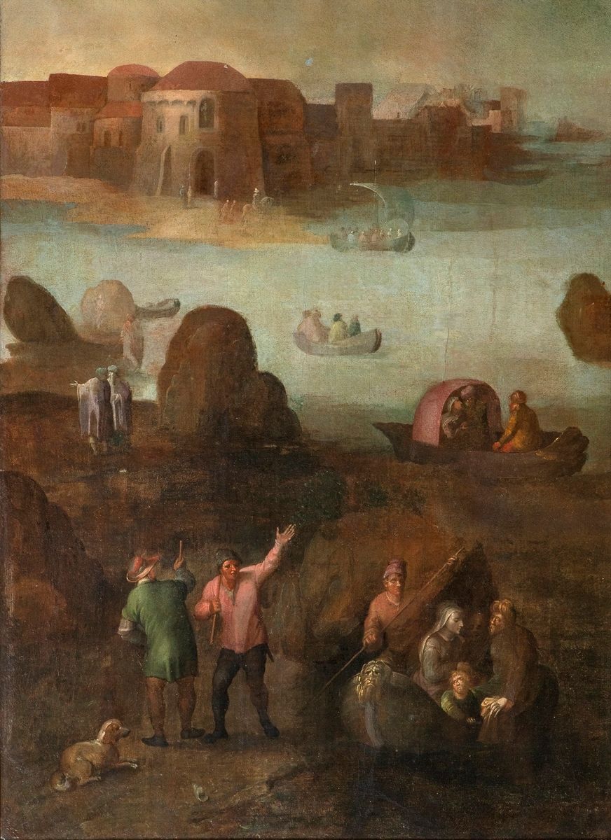 Null 16-17世纪弗拉芒画派
渔夫或逃往埃及后的回归 
带衬里的布面油画
73.5 x 55 cm
(事故，修复)