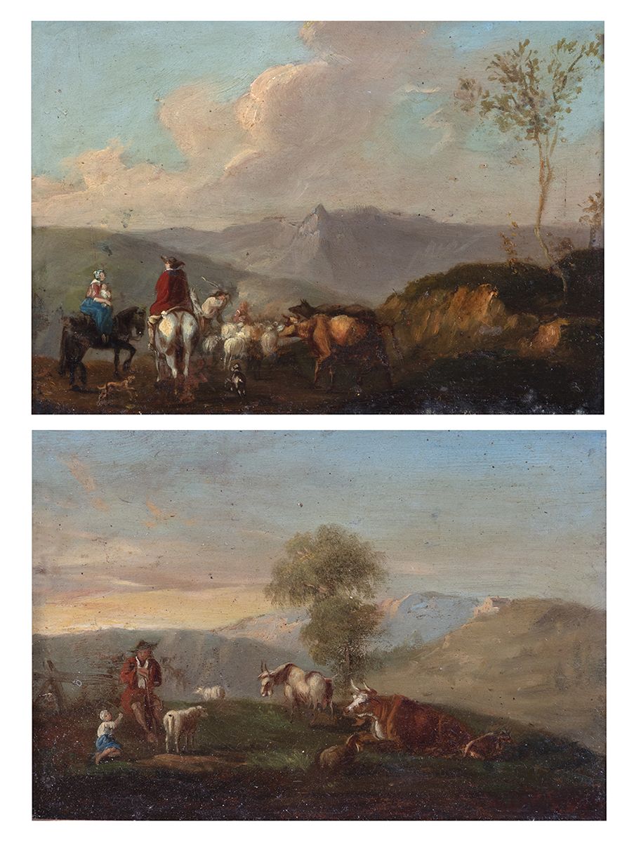 Null 18世纪荷兰画派，Nicolaes BERCHEM的追随者
一对有人物和动物 的风景画
铜上油彩
9,5 x 14 cm 每幅都在查看
(意外)