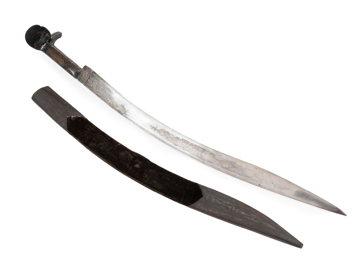 Null Turkish Yatagan sword
Wood and zinc scabbard with light silver damascene 
E&hellip;