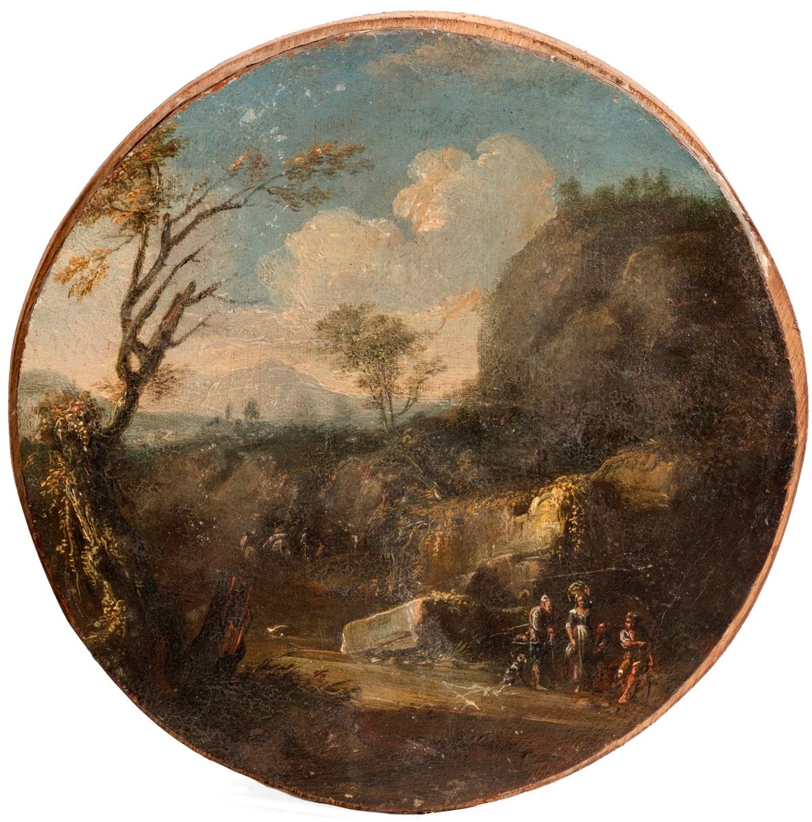 Null 18世纪意大利学校
有农民的山区风景 
圆板上的油画，粘在另一块板上
直径：21厘米
 （事故，修复）