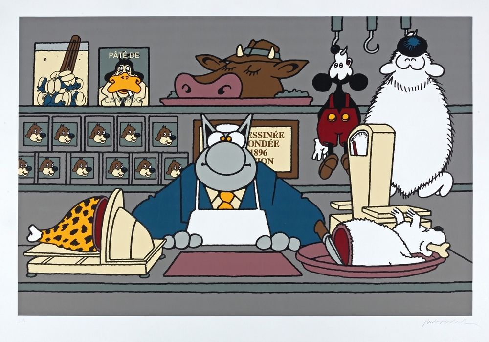 Geluck : 猫》，丝网版画 "Boucher BD "n°/EA，已签名。尺寸：100 x 70。