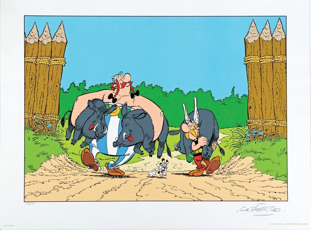Uderzo : Asterix，绢本书法 "Le Retour de la chasse "n°32/199，签名（Ed. Equinoxe，1997）。(纸&hellip;