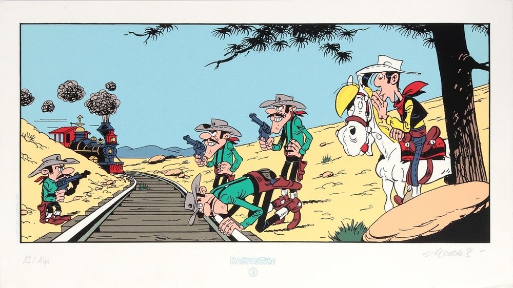 Morris : Lucky Luke, serigrafía "Lucky Luke, los Dalton y el tren" n°12/140, fir&hellip;