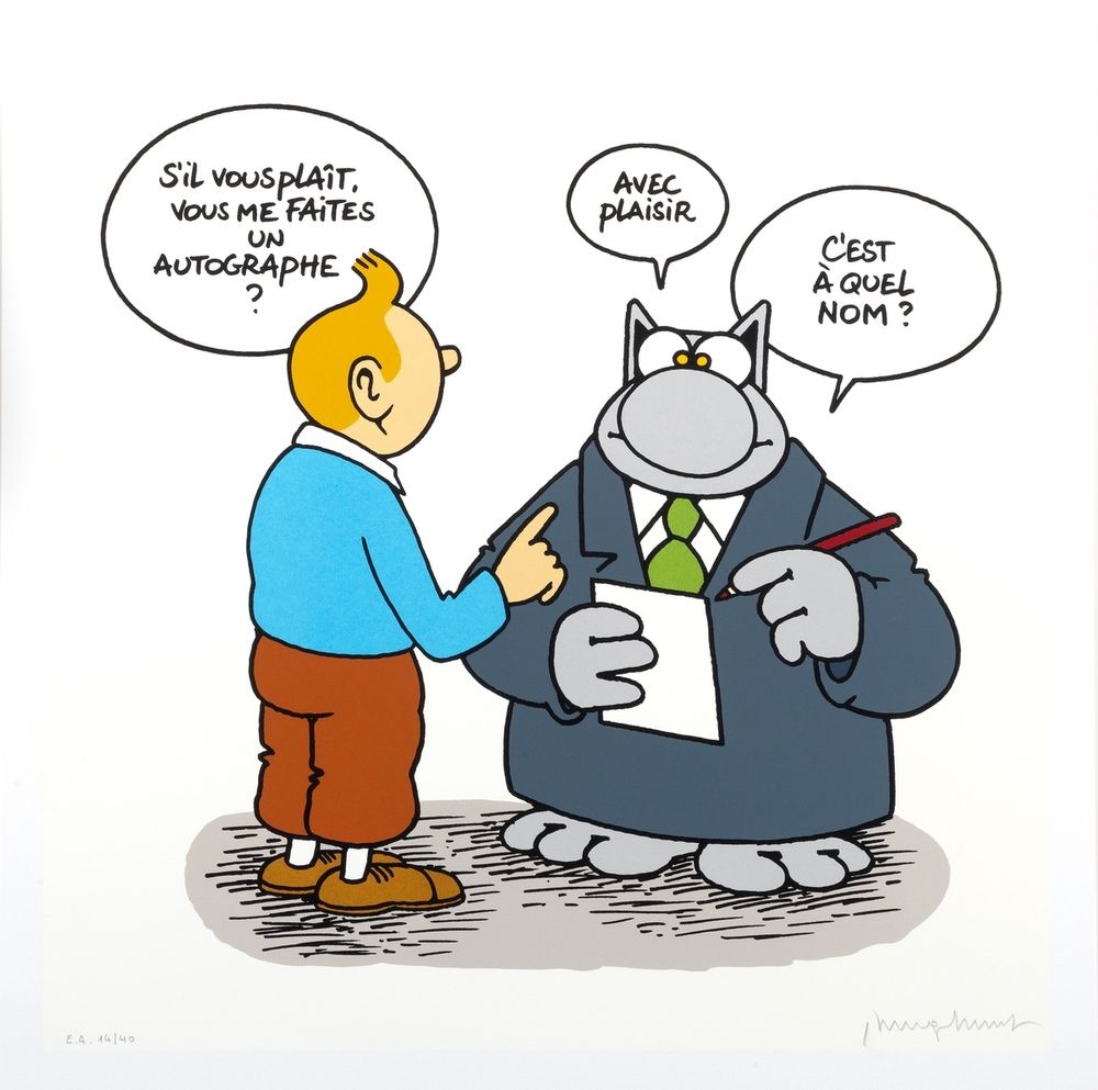 Geluck : The Cat and Tintin, "C'est à quel nom?" silkscreen print n°EA 14/40, si&hellip;