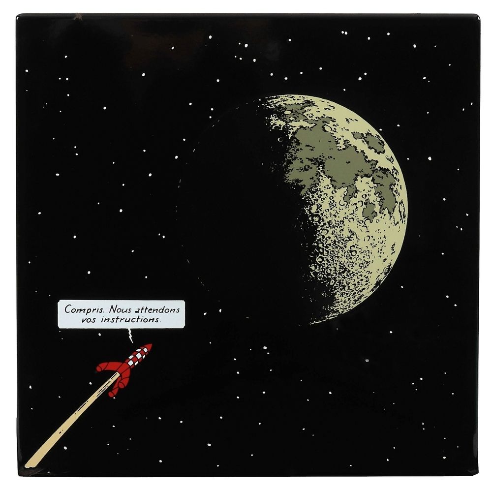 Hergé : Tintin, enamelled plate "Série lune" : La fusée en route vers la lune n°&hellip;