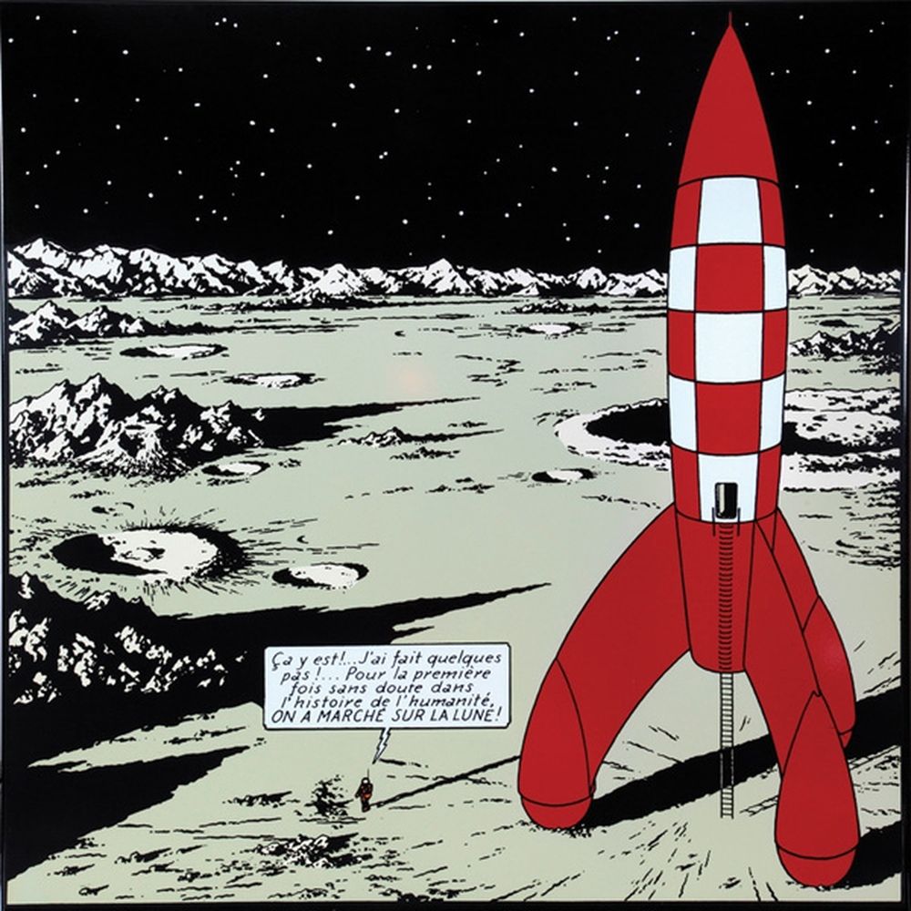 Hergé : Tintin, plaque émaillée représentant la fusée posée sur la lune, 1985, l&hellip;