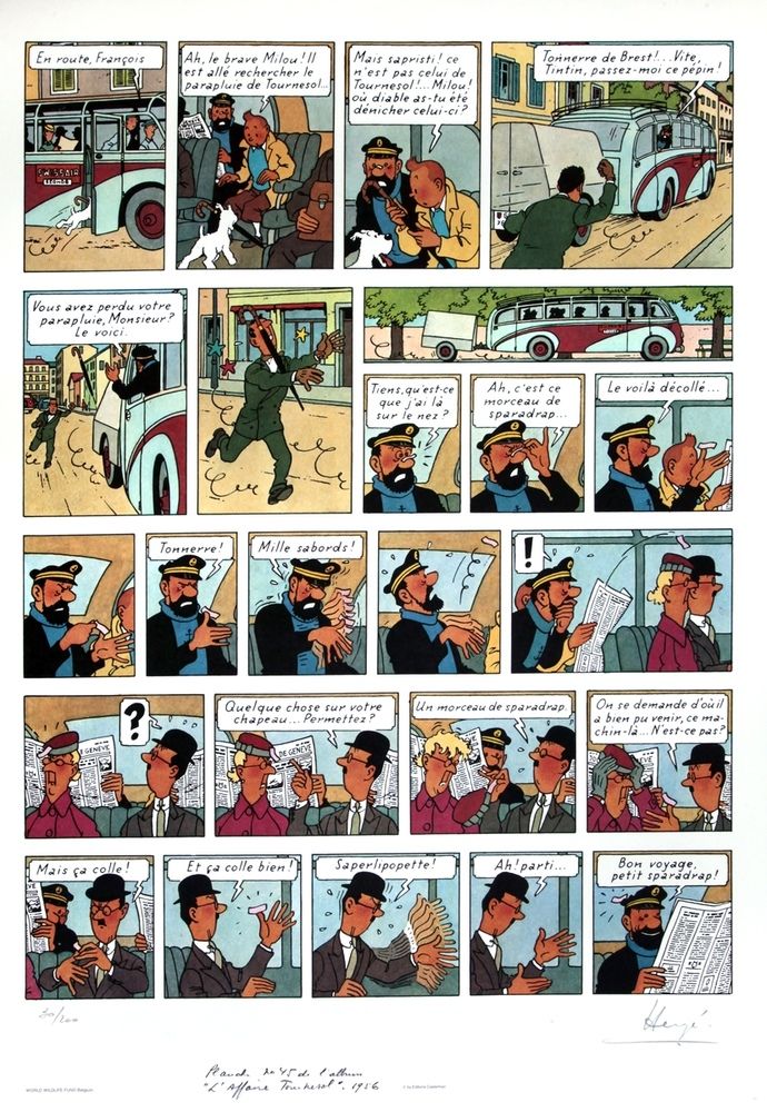 Hergé : 丁丁，世界自然基金会石版画 "向日葵事件 "n°8/200，已签名。尺寸：70 x 100。
