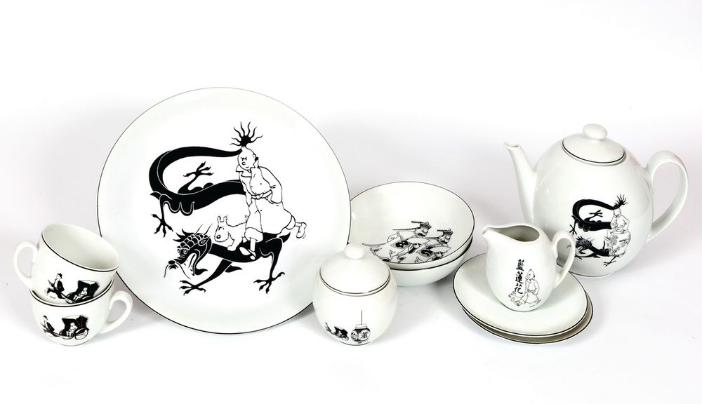 Hergé : AXIS：丁丁，黑瓷服务，蓝莲花，包括：2个杯和碟子+茶壶+牛奶壶+糖碗+2个汤盘+馅饼盘。危险的发送。