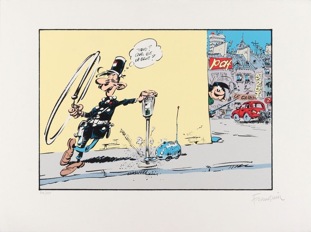 Franquin : Gaston, Serigraphie "Longtarin und die Parkuhr" n°242/300, signiert. &hellip;