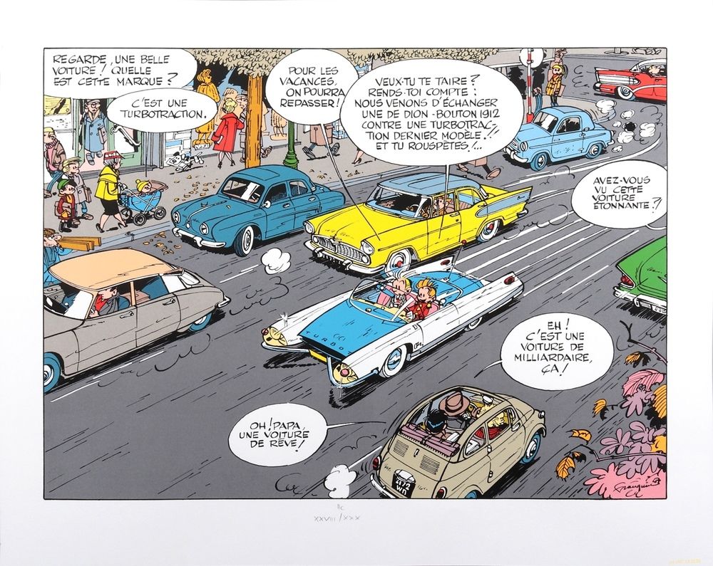 Franquin : Spirou，绢本书法 "Une voiture de rêve "n°XXVIII/XXX，背面有Franquin女士的签名（Ed. C&hellip;
