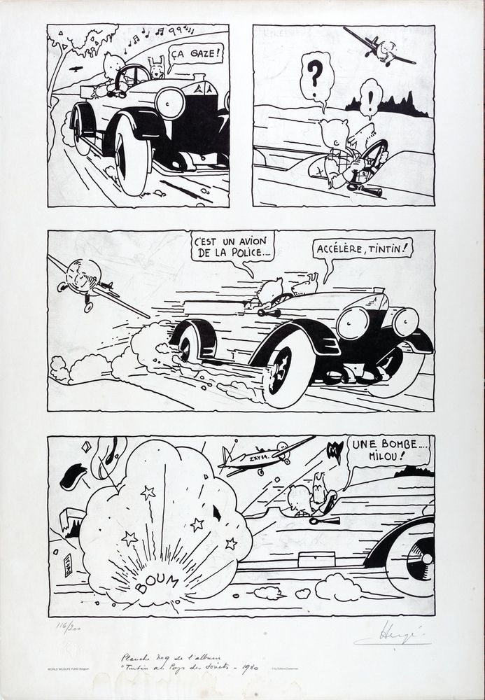 Hergé : Tintin, lithographie WWF "Tintin au pays des Soviets" n°116/200, signée.&hellip;