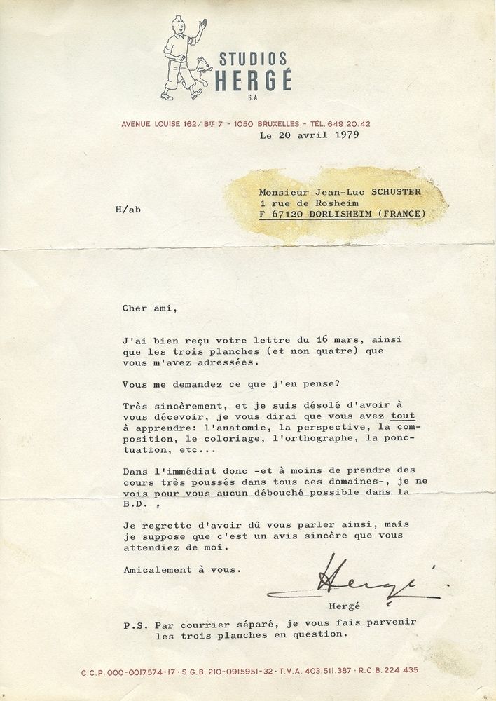 Hergé : Carta mecanografiada con el membrete de los Estudios Hergé, fechada el 2&hellip;