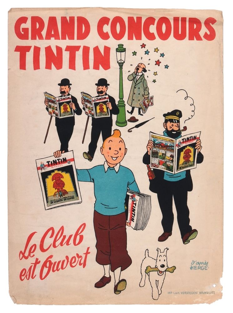 Hergé : Tintin, promotional poster "Grand concours Tintin - Le Club est ouvert" &hellip;