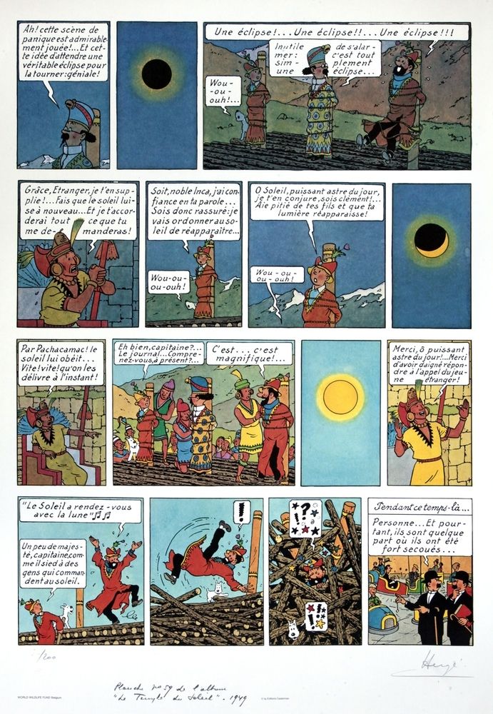 Hergé : 丁丁，世界自然基金会石版画《太阳神庙》第121/200号，已签名。尺寸：70 x 100。