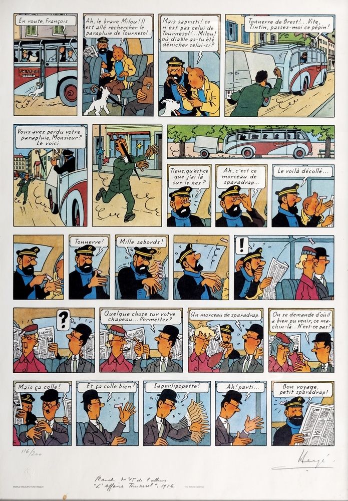 Hergé : 丁丁，世界自然基金会石版画《向日葵事件》，编号116/200，已签名。(略有绝缘，底部有一小块污渍）。)尺寸：70 x 100。