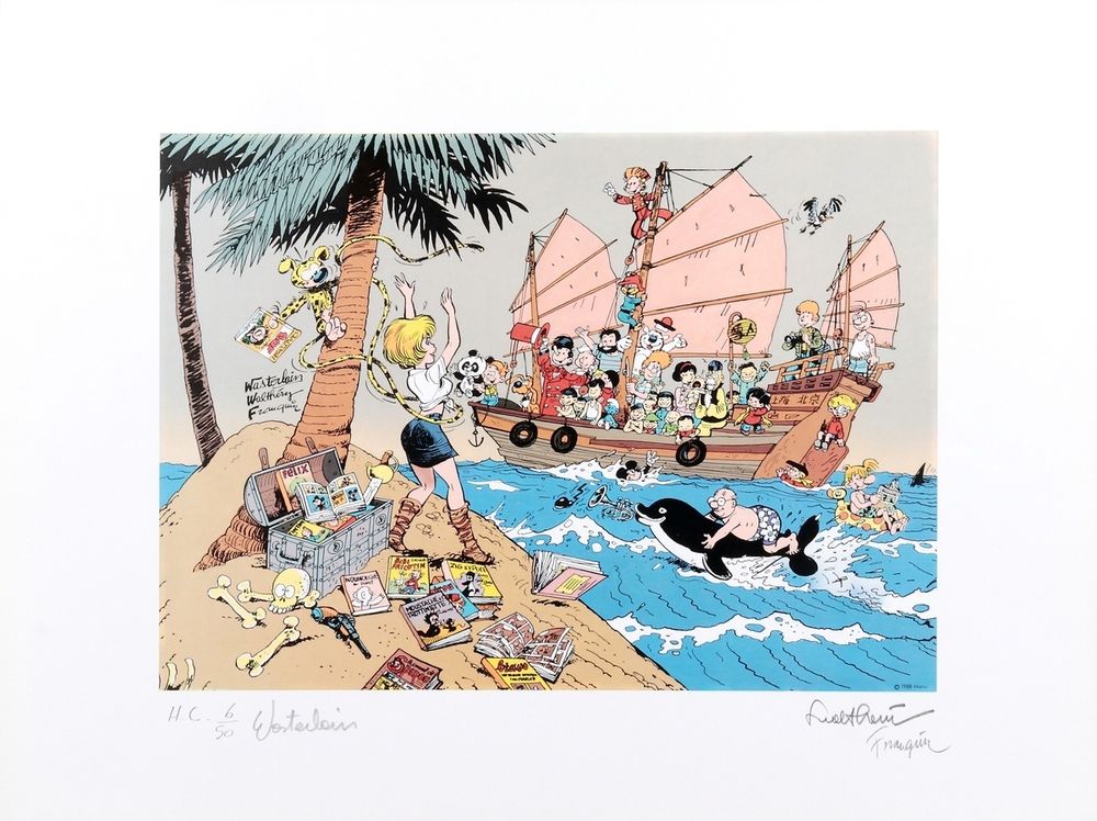Franquin : Offsetdruck "L'Ile déserte" n°H.C. 6/50, unterzeichnet von Franquin, &hellip;