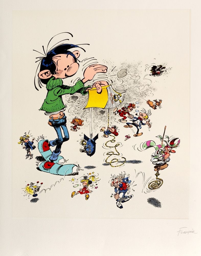 Franquin : Gaston, serigraphy representing Gaston shaking a yellow book from whi&hellip;