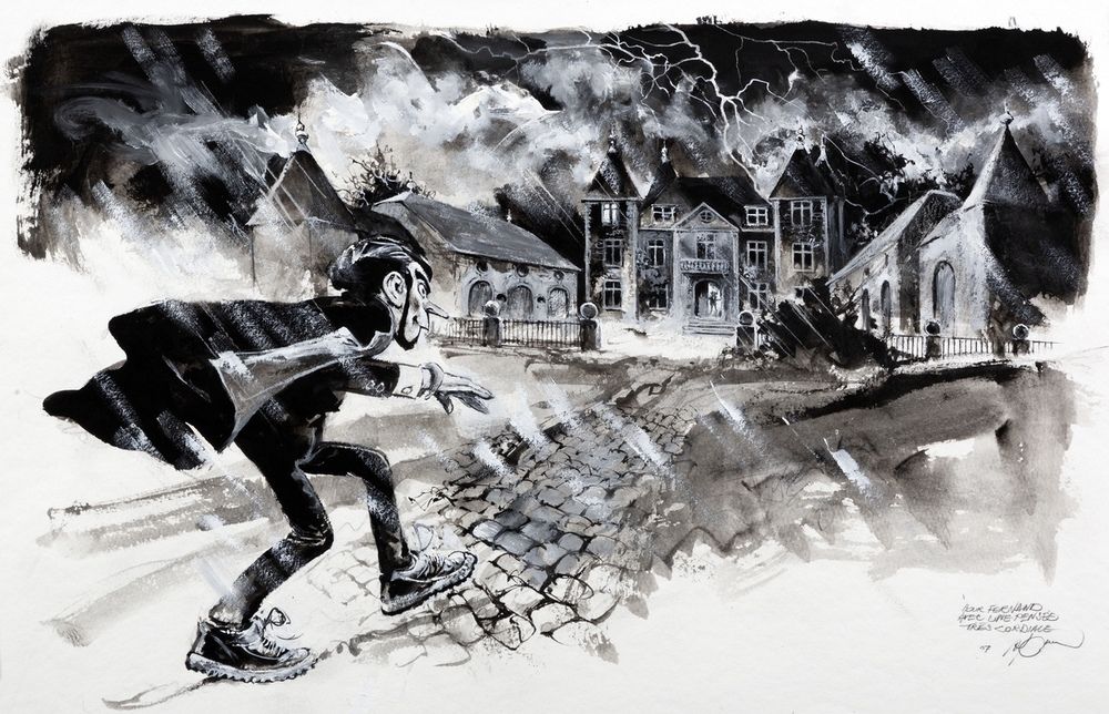 Follet : Spirou et Fantasio，水洗和白色水粉画的插图，表现佐尔格卢布在尚皮涅克城堡前的风暴中。福莱特直接着色的精湛技艺诠释了弗朗昆的这&hellip;