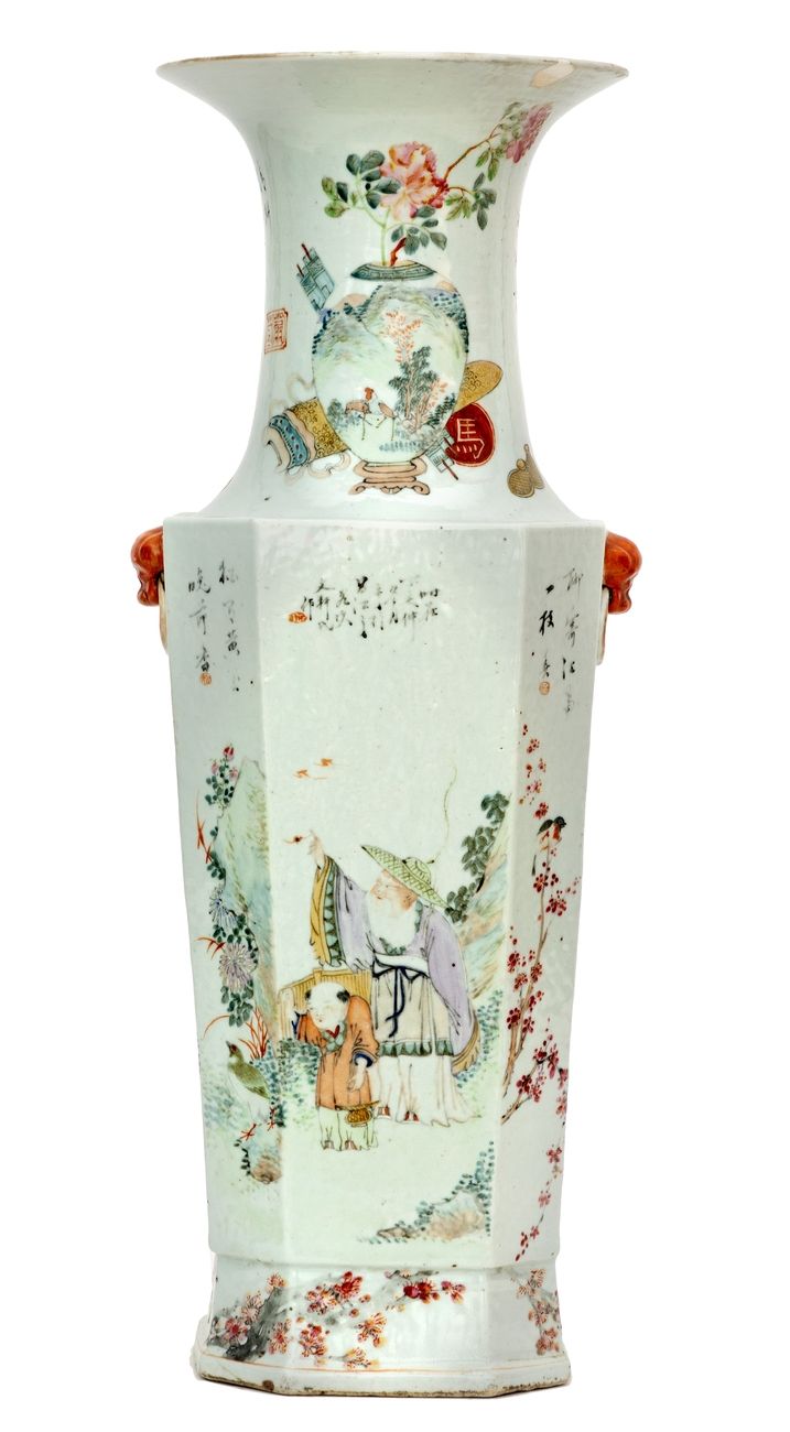 China, XIX XXth century Octagonal porcelain vase decorated in Qianjiang Cai enam&hellip;
