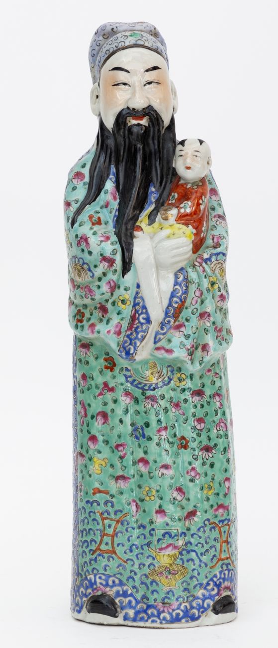 Null 中国，19-20世纪
瓷器上的智者雕像，怀中抱着一个孩子。
高度：45厘米