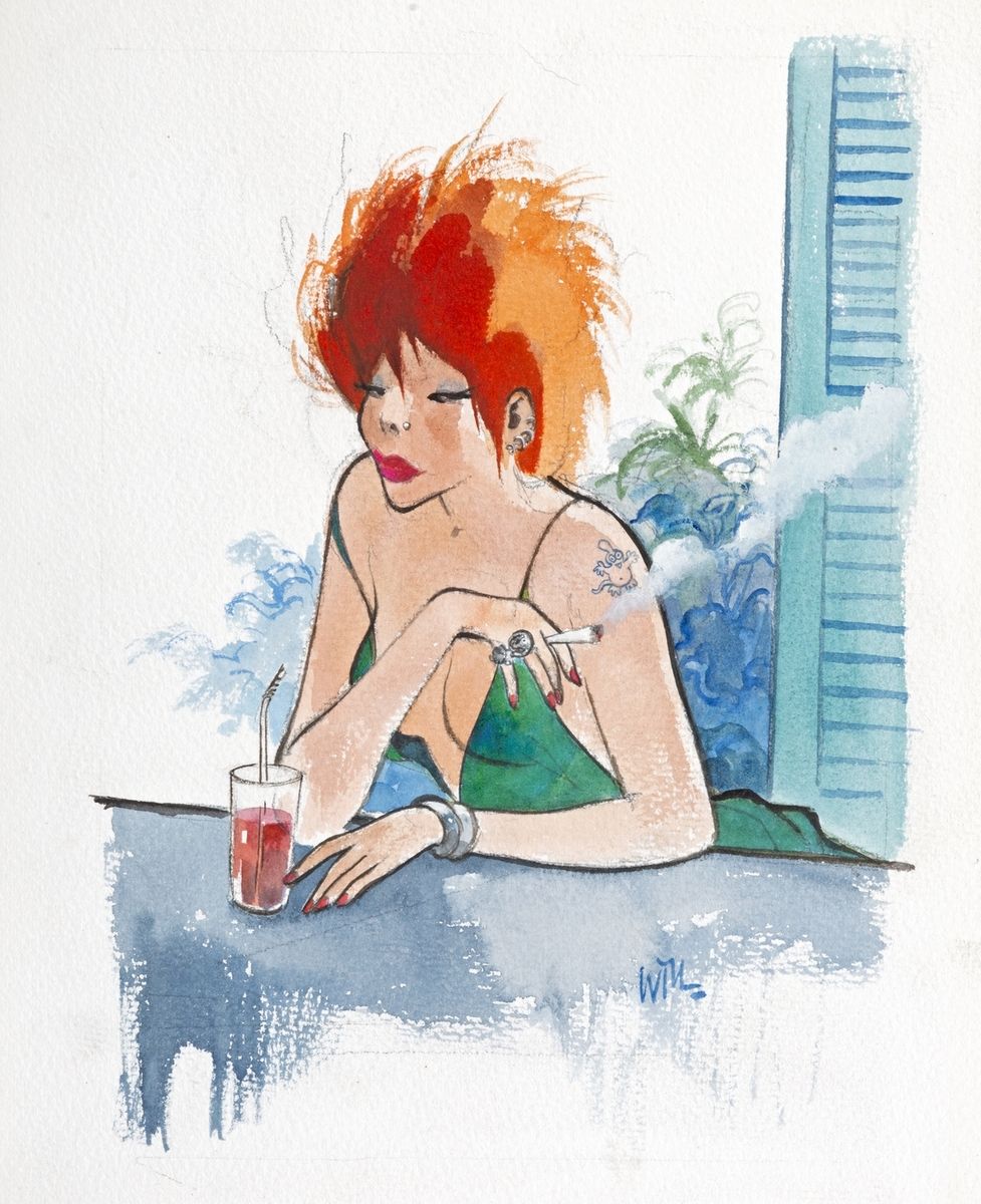 Will : 水彩和水粉画的插图，一个坐在桌子旁的女人，1997年为蒙斯节的酒标而作。威尔是一位线条优美、色彩敏感的素描家，他培育了自己的秘密花园：他是一位伟大&hellip;