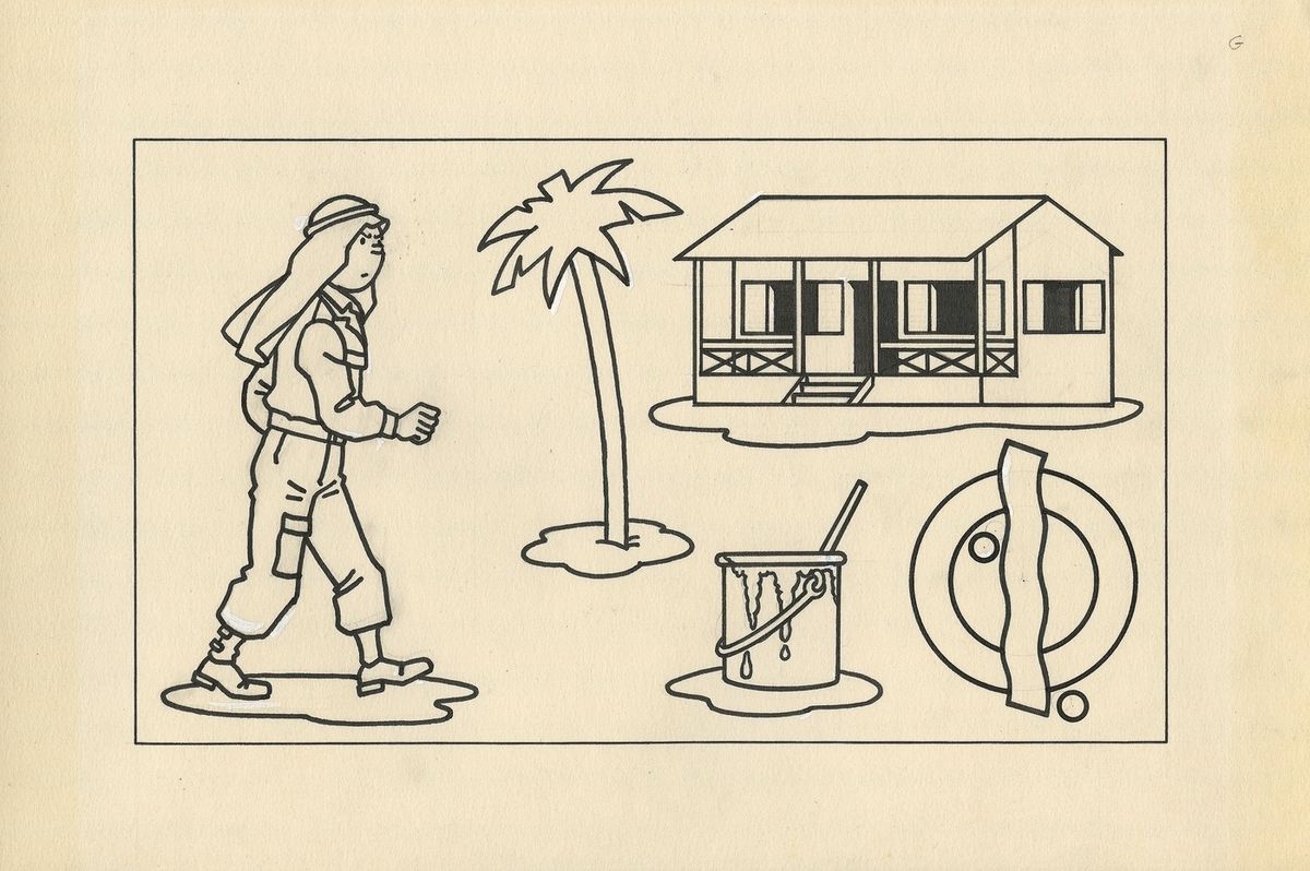 Hergé Studios : 丁丁，印度墨水和白色水粉的插图，为一本着色书制作。主人公出现在 "法老的雪茄 "一集的场景中，以及故事中的元素。纸张尺寸：27.&hellip;