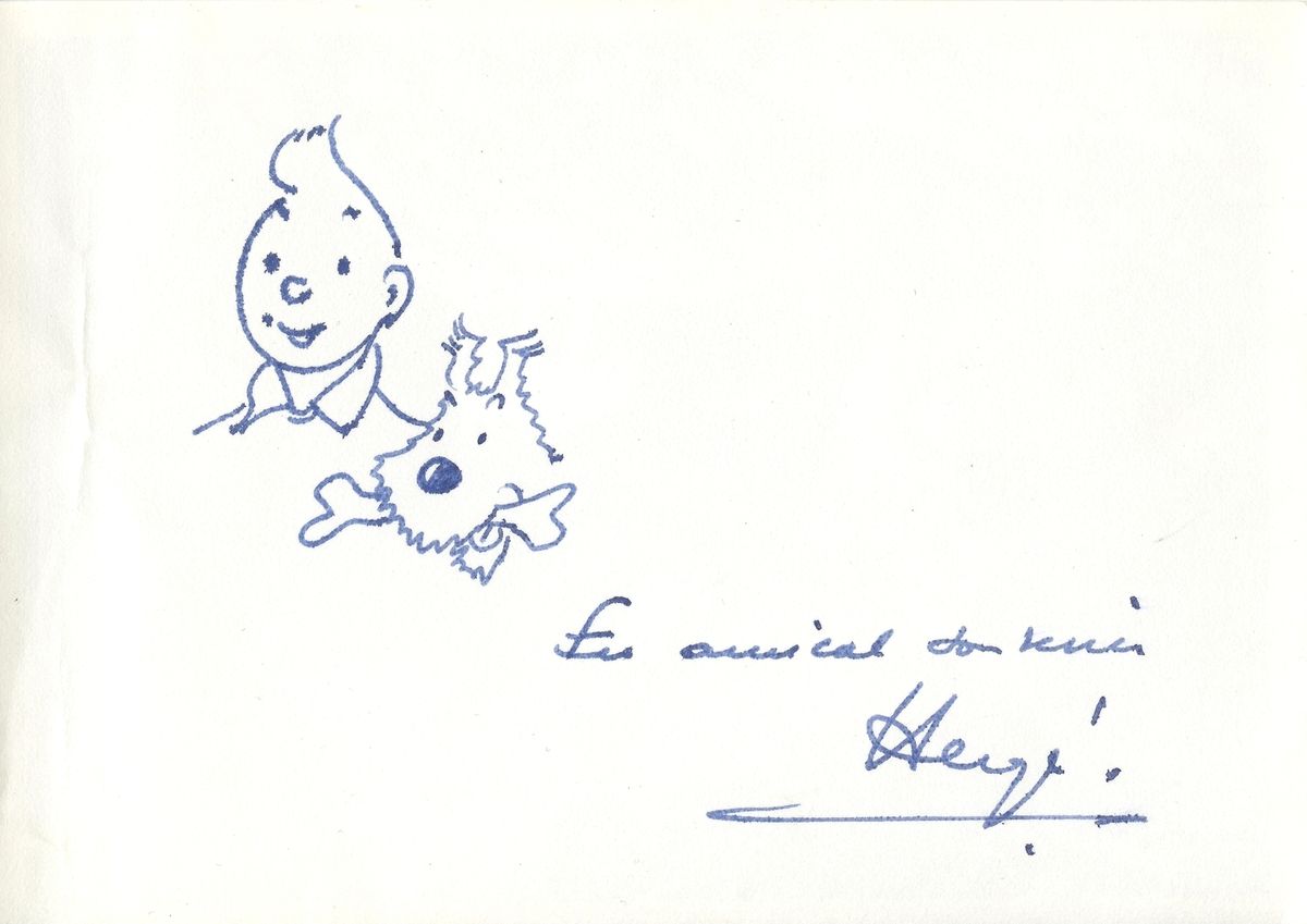 Hergé : 蓝色墨水插图，表现丁丁和白雪的半身像，有签名和奉献。在 "丁丁和鲨鱼湖 "的照片背面制作。照片的尺寸：18,4 x 13。