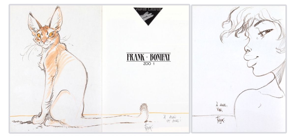 Frank Pé : 动物园，一套3张的原版专辑。动物园1号有一副双页插图，用油性铅笔、彩色铅笔和水彩画表现一只坐着的猫，有签名和献词。动物园2号》有一整页油性&hellip;