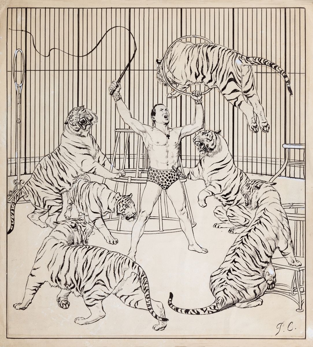Cuvelier : Le Dompteur de fauves" (The tiger tamer), illustration in Indian ink &hellip;