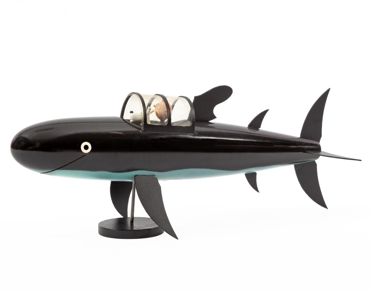 Hergé : AROUTCHEFF :丁丁，鲨鱼潜艇（H12），红色拉克姆的宝藏，第2个小模型，树脂人物头和圆脚，1991年，32厘米，C标签。待清洗。
