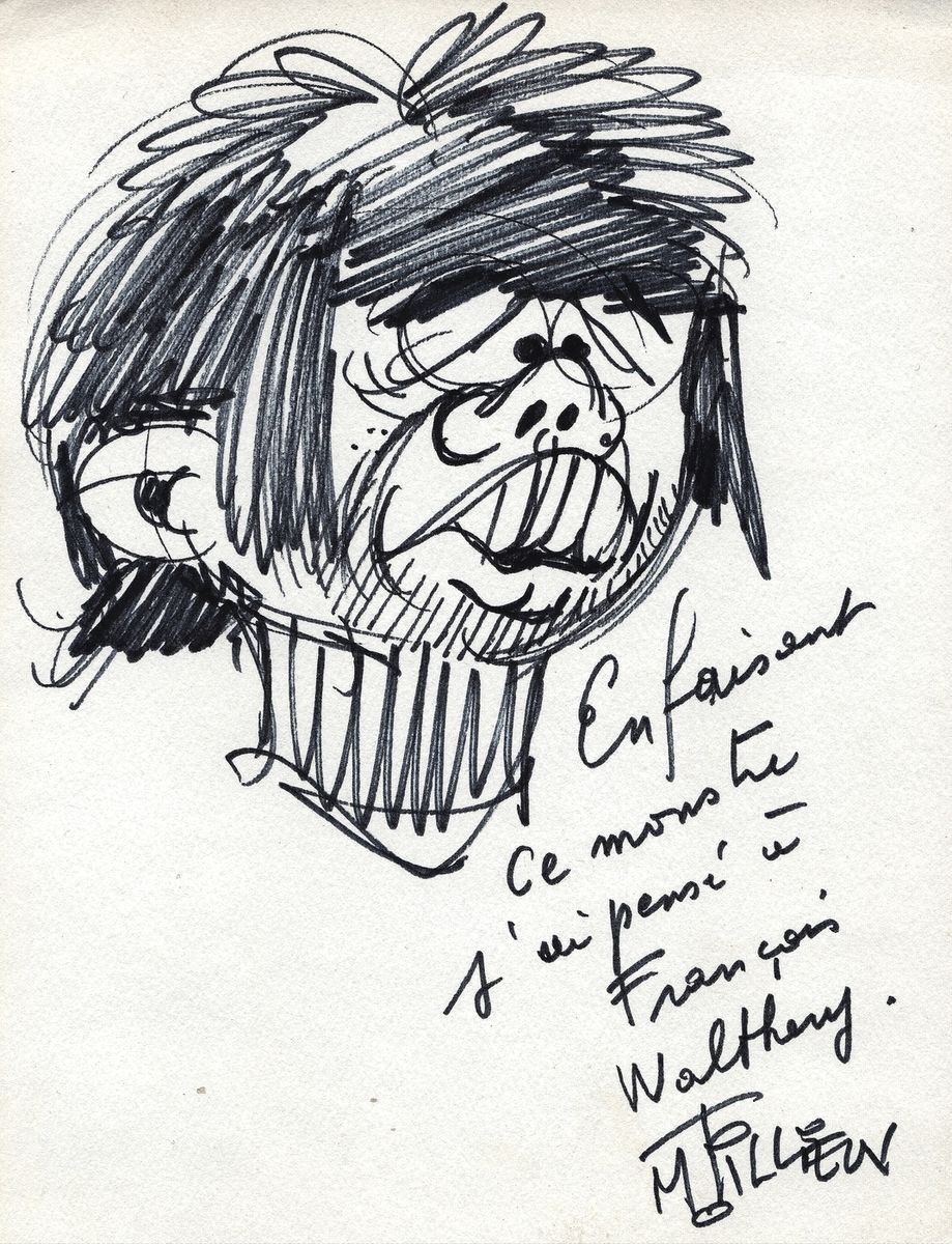 Tillieux : 画纸上的毛笔插图，表现瓦尔塞利的漫画。这位巨人对他的朋友漫画家的精彩眨眼。已签名并附有幽默的评论。尺寸：13.5 x 17.3。