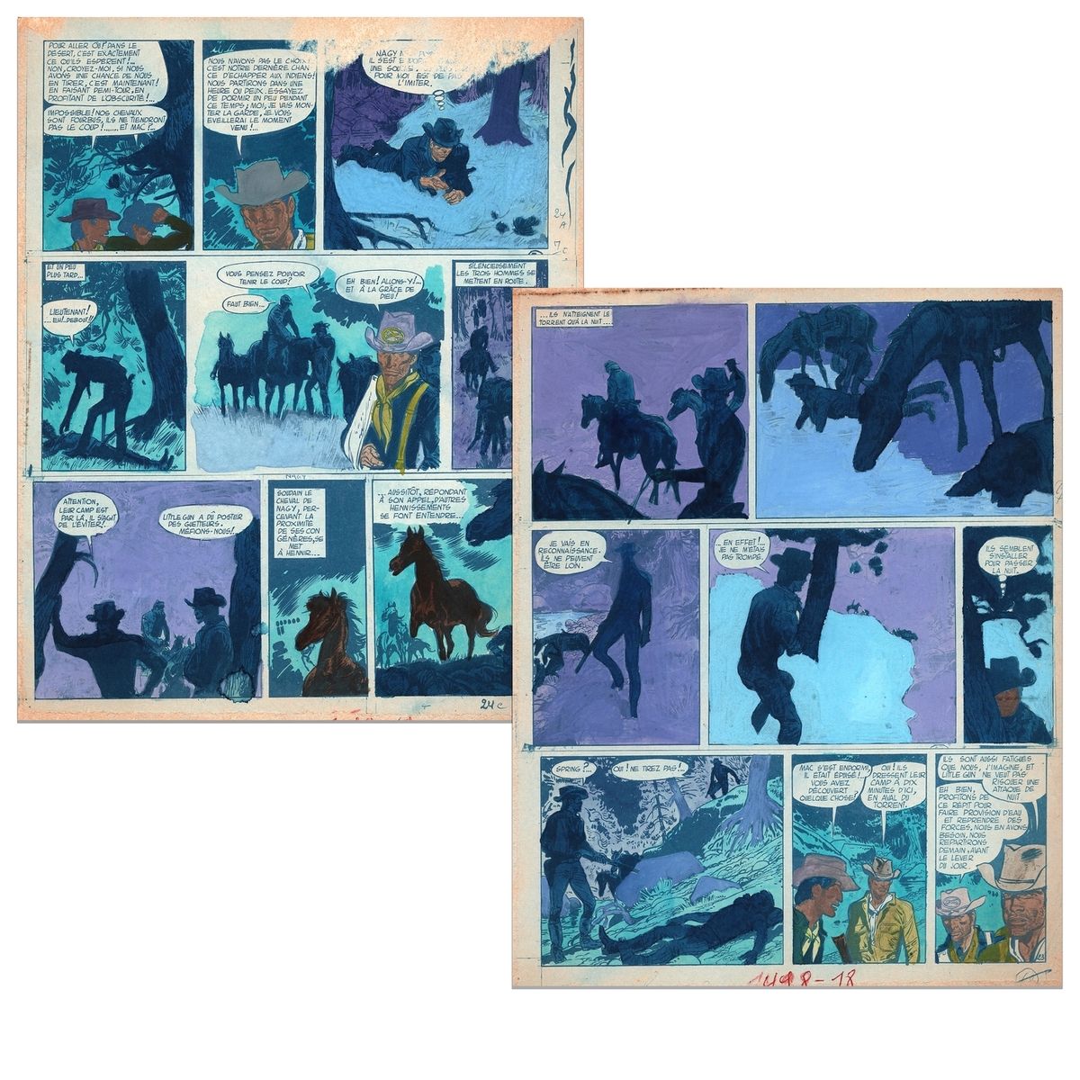 Jijé : Jerry Spring, blaue Ausmalbilder in Aquarell für die Tafeln Nr. 23 und 24&hellip;